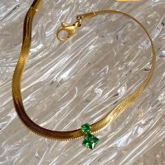 18KG chic green white diamond stainless steel chain necklace bracelet set