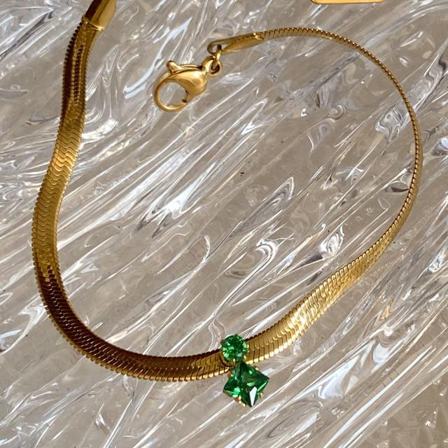 18KG chic green white diamond stainless steel chain necklace bracelet set