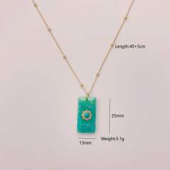 Fresh green color natural stone block charm stainless steel necklace collection