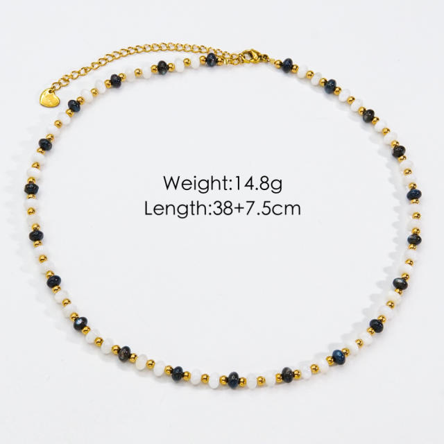 Boho natural stone bead mother shell flower oval pendant stainless steel necklace collection