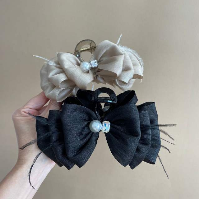 Large size plain satin bow thick hair hair claw clips