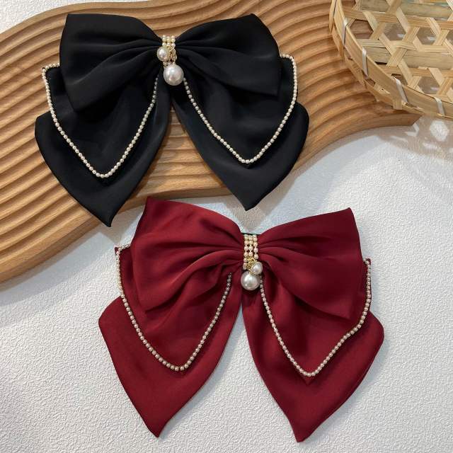 Elegant diamond two layer satin bow french barrette hair clips