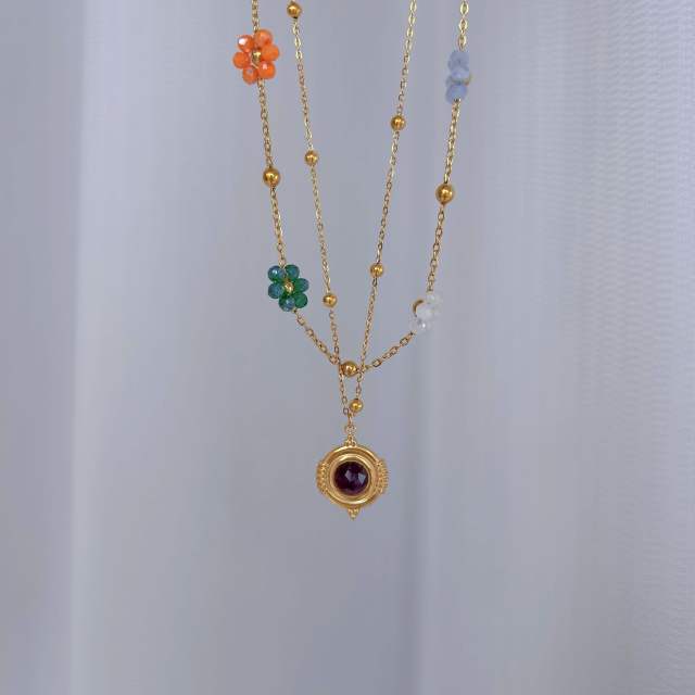 Sweet crystal bead flower natural stone drop pendant stainless steel necklace