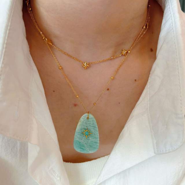 Fresh green color natural stone block charm stainless steel necklace collection