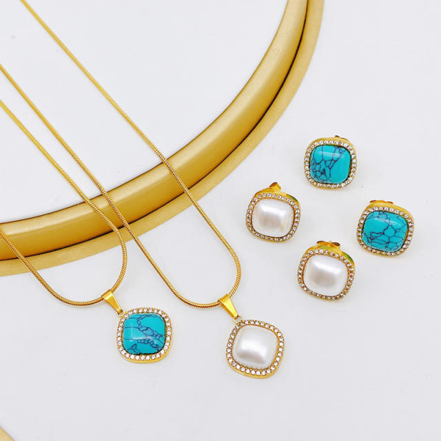 Elegant easy match turquoise pearl stone stainless steel necklace set