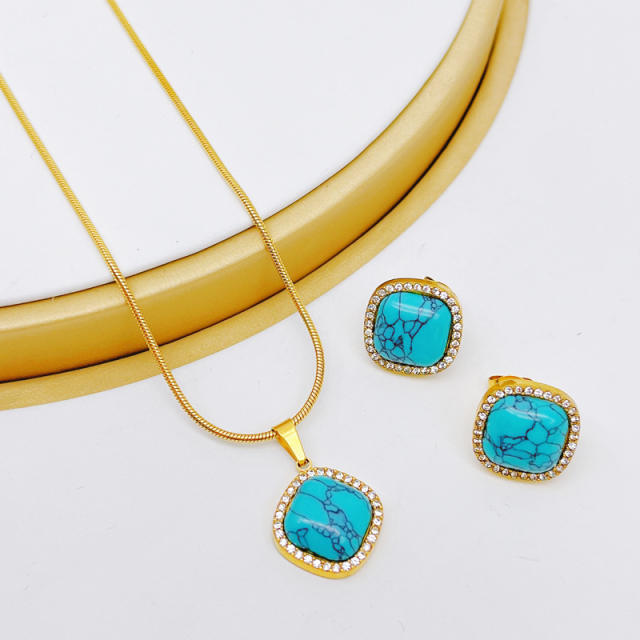 Boho turquoise stone charm stainless steel necklace set