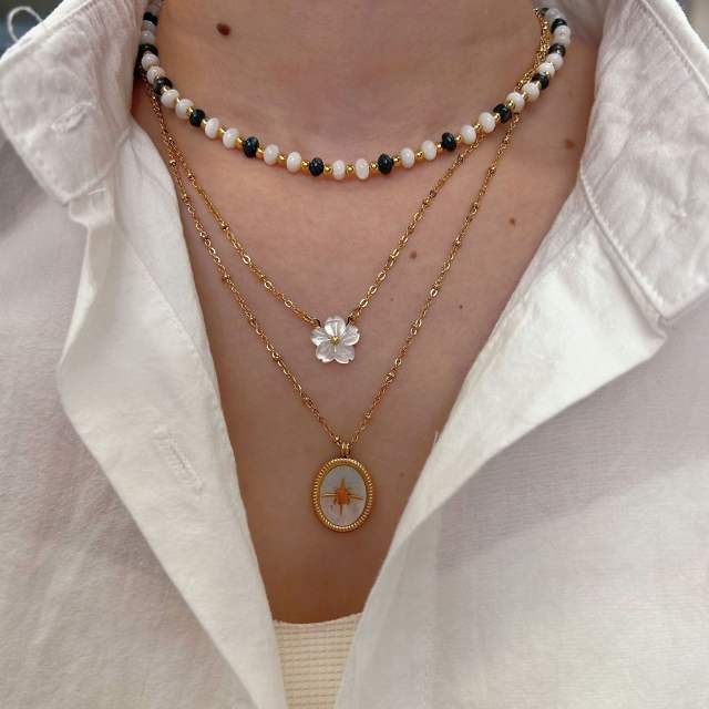 Boho natural stone bead mother shell flower oval pendant stainless steel necklace collection