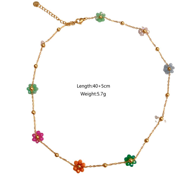Sweet crystal bead flower natural stone drop pendant stainless steel necklace