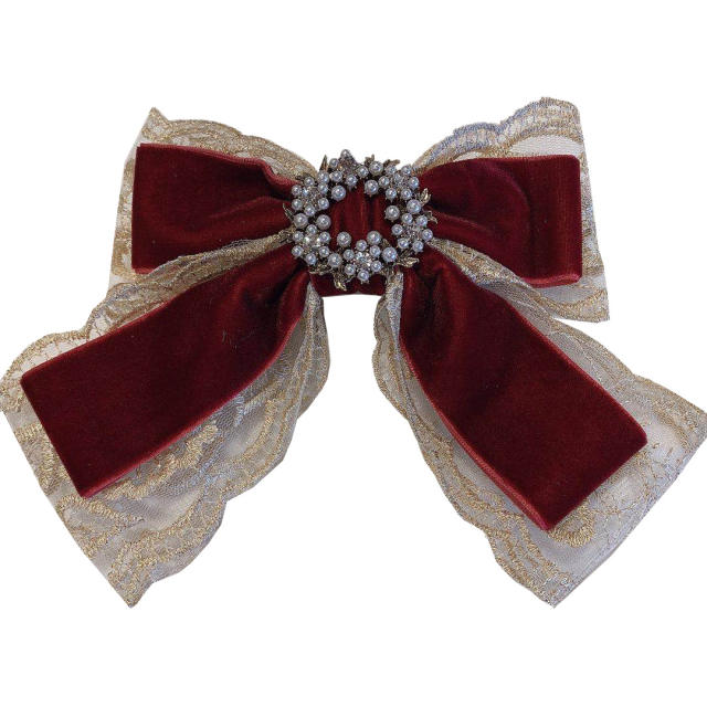 Elegant lace velvet pearl bead buckle bow french barrette hair clips
