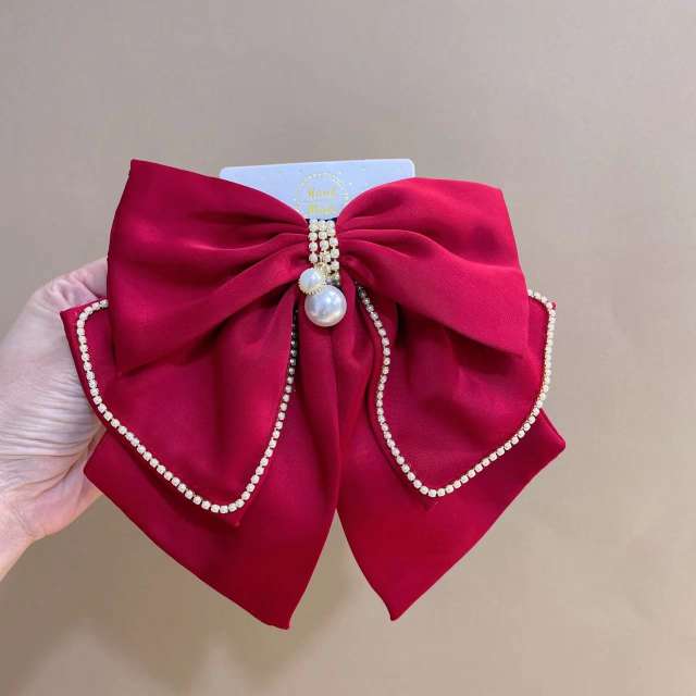 Elegant diamond two layer satin bow french barrette hair clips