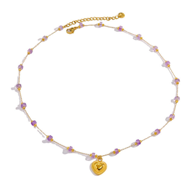 Dainty amethyst bead heart charm stainless steel necklace