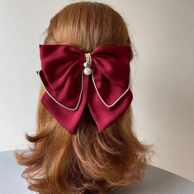 Elegant diamond two layer satin bow french barrette hair clips