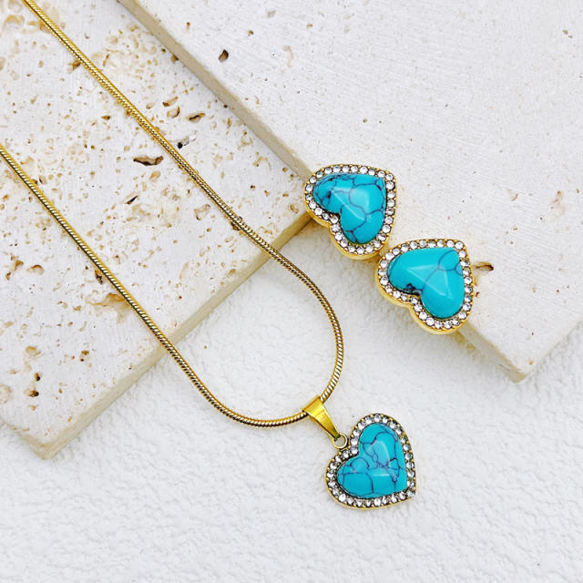 Boho turquoise stone charm stainless steel necklace set