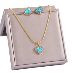 Boho turquoise stone charm stainless steel necklace set