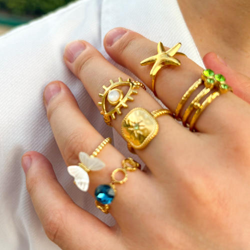 Boho colorful diamond mother shell stainless steel finger rings collection