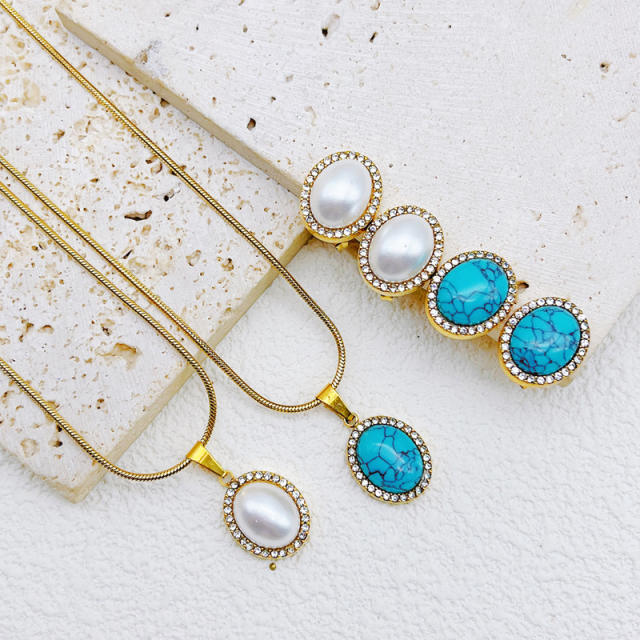 Boho turquoise stone charm stainless steel necklace set