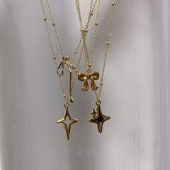 Dainty bow cross pendant stainless steel necklace
