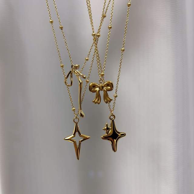 Dainty bow cross pendant stainless steel necklace