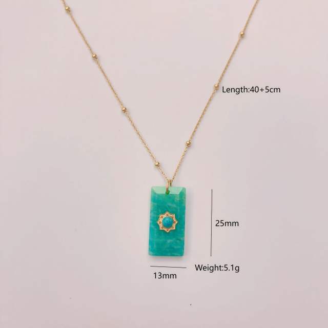 Fresh green color natural stone block charm stainless steel necklace collection