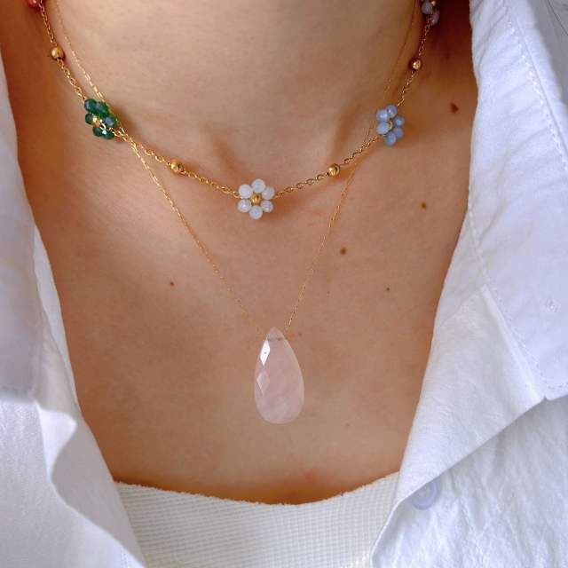Sweet crystal bead flower natural stone drop pendant stainless steel necklace