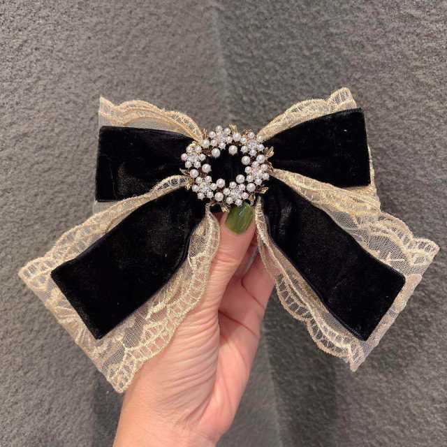 Elegant lace velvet pearl bead buckle bow french barrette hair clips