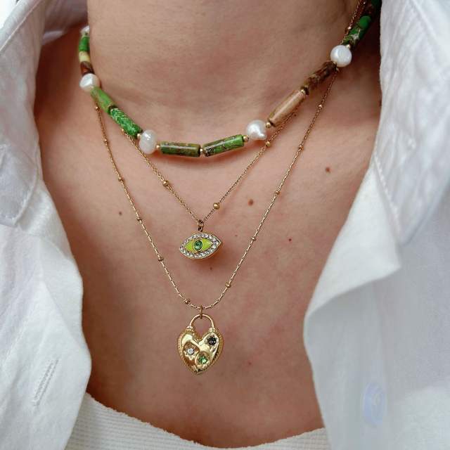 Boho green color enamel evil eye heart pendant stainless steel necklace collection
