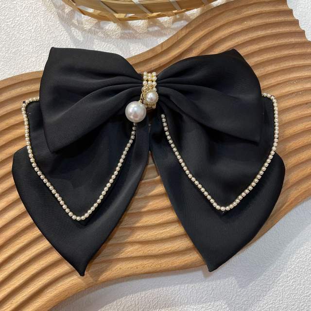 Elegant diamond two layer satin bow french barrette hair clips