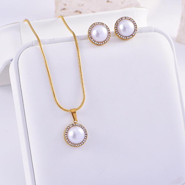 Elegant easy match turquoise pearl stone stainless steel necklace set
