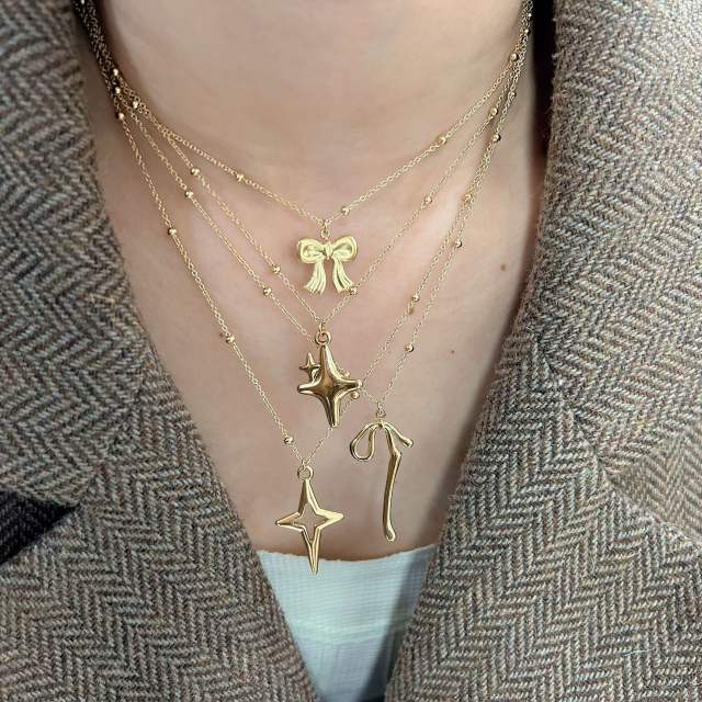 Dainty bow cross pendant stainless steel necklace