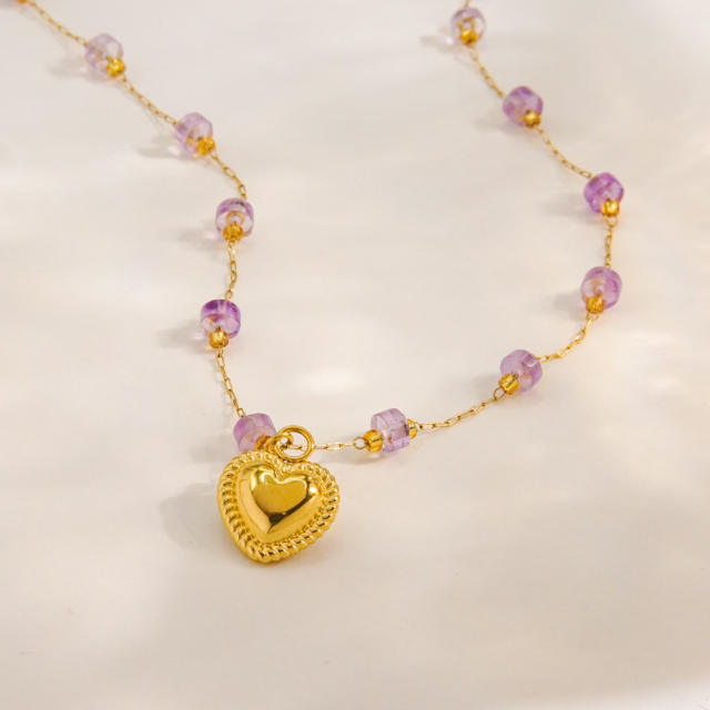 Dainty amethyst bead heart charm stainless steel necklace