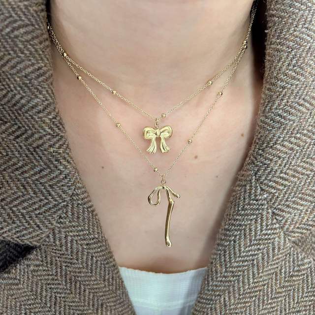 Dainty bow cross pendant stainless steel necklace