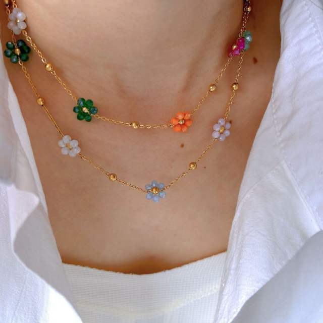 Sweet crystal bead flower natural stone drop pendant stainless steel necklace