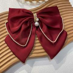 Elegant diamond two layer satin bow french barrette hair clips