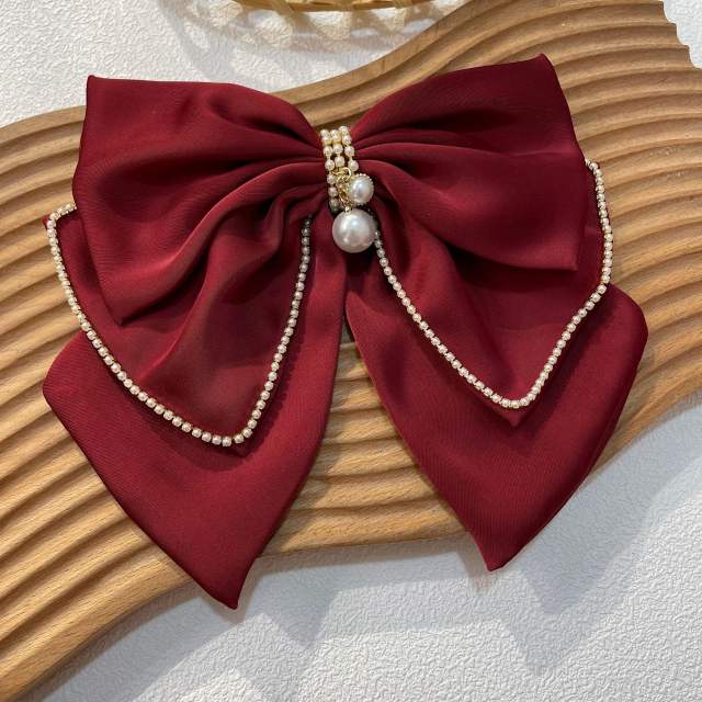 Elegant diamond two layer satin bow french barrette hair clips