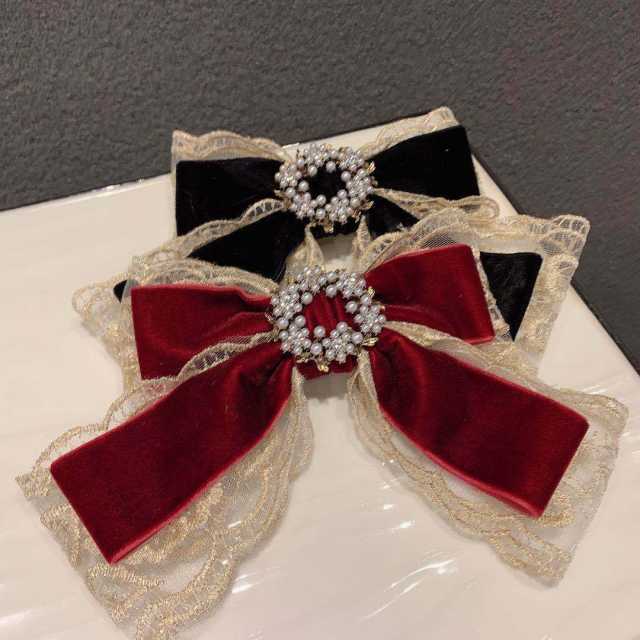 Elegant lace velvet pearl bead buckle bow french barrette hair clips