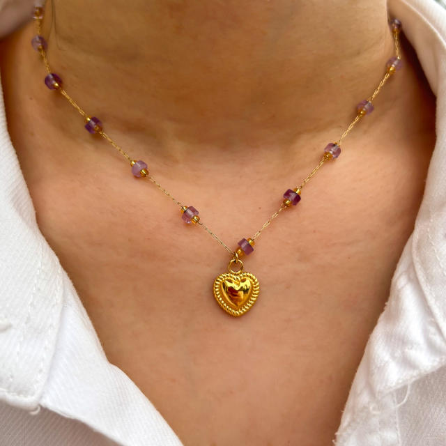 Dainty amethyst bead heart charm stainless steel necklace