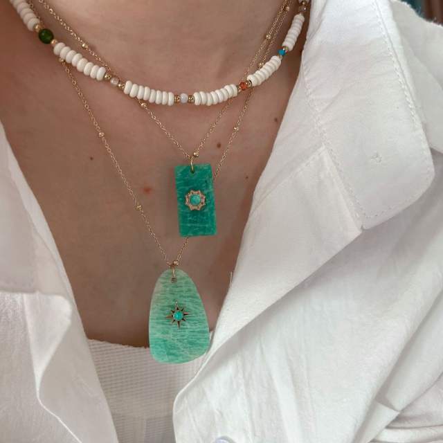 Fresh green color natural stone block charm stainless steel necklace collection