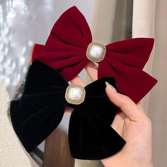 Elegant sqaure pearl velvet bow french barrette hair clips