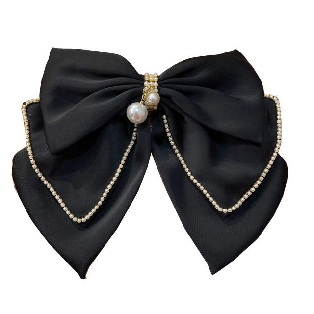 Elegant diamond two layer satin bow french barrette hair clips