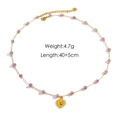 Dainty amethyst bead heart charm stainless steel necklace