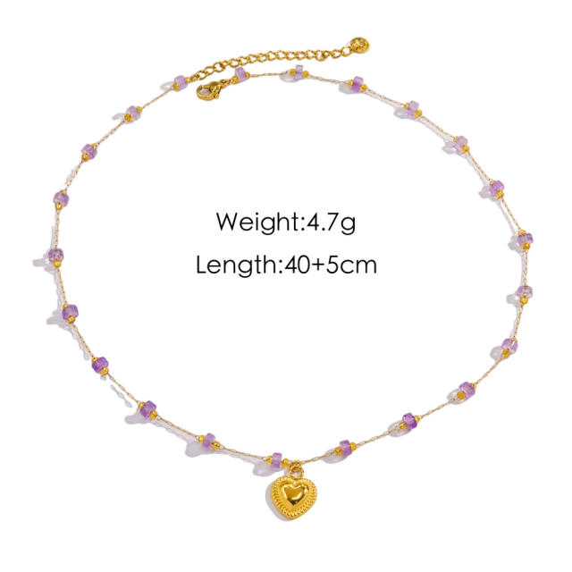 Dainty amethyst bead heart charm stainless steel necklace