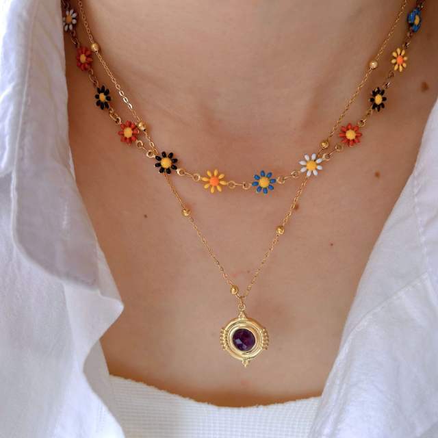 Sweet crystal bead flower natural stone drop pendant stainless steel necklace