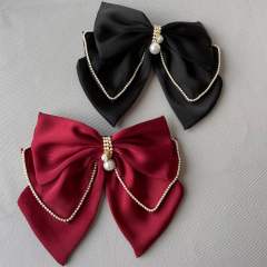 Elegant diamond two layer satin bow french barrette hair clips