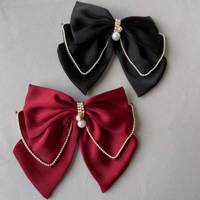 Elegant diamond two layer satin bow french barrette hair clips