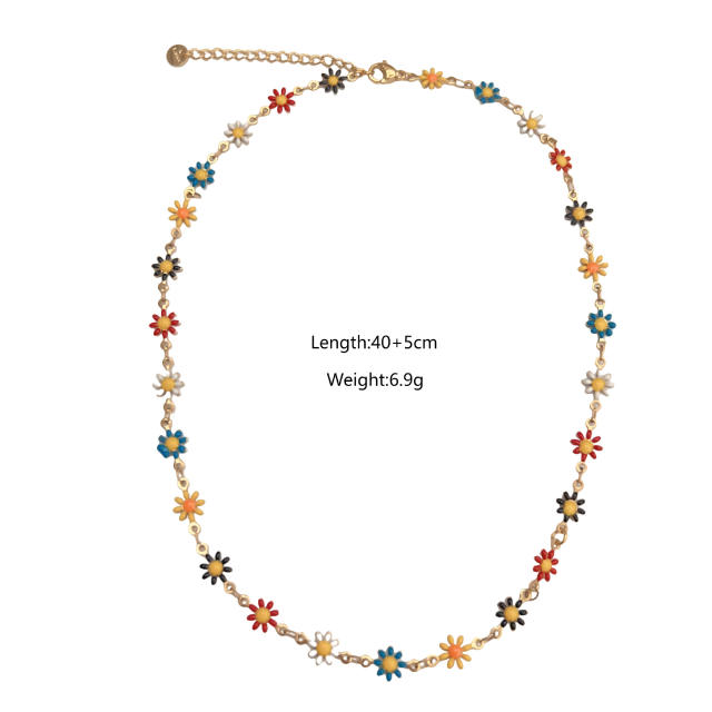 Sweet crystal bead flower natural stone drop pendant stainless steel necklace