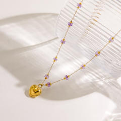 Dainty amethyst bead heart charm stainless steel necklace