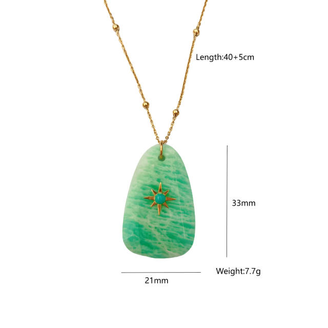 Fresh green color natural stone block charm stainless steel necklace collection
