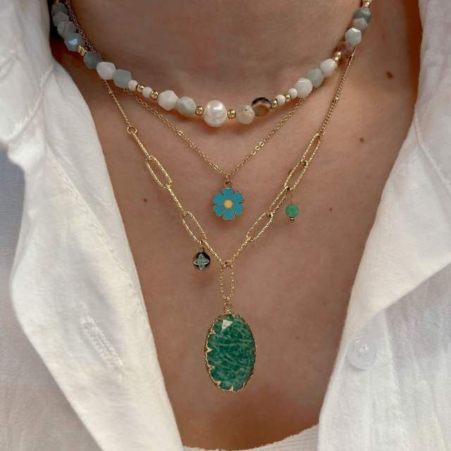 Vintage natural stone bead stainless steel necklace collection