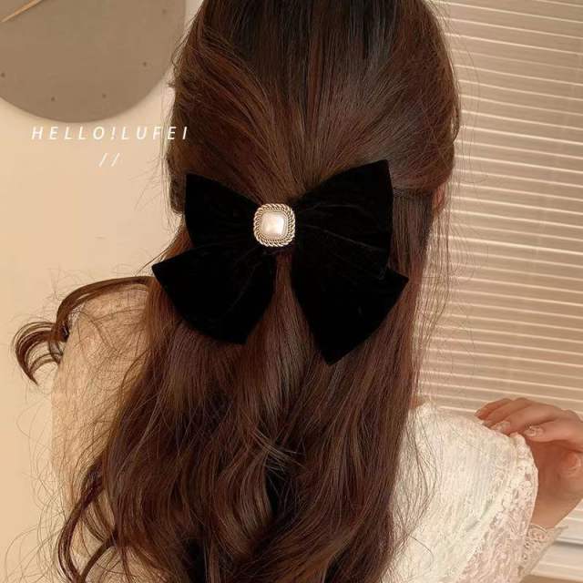 Elegant sqaure pearl velvet bow french barrette hair clips