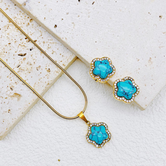 Elegant easy match turquoise pearl stone stainless steel necklace set